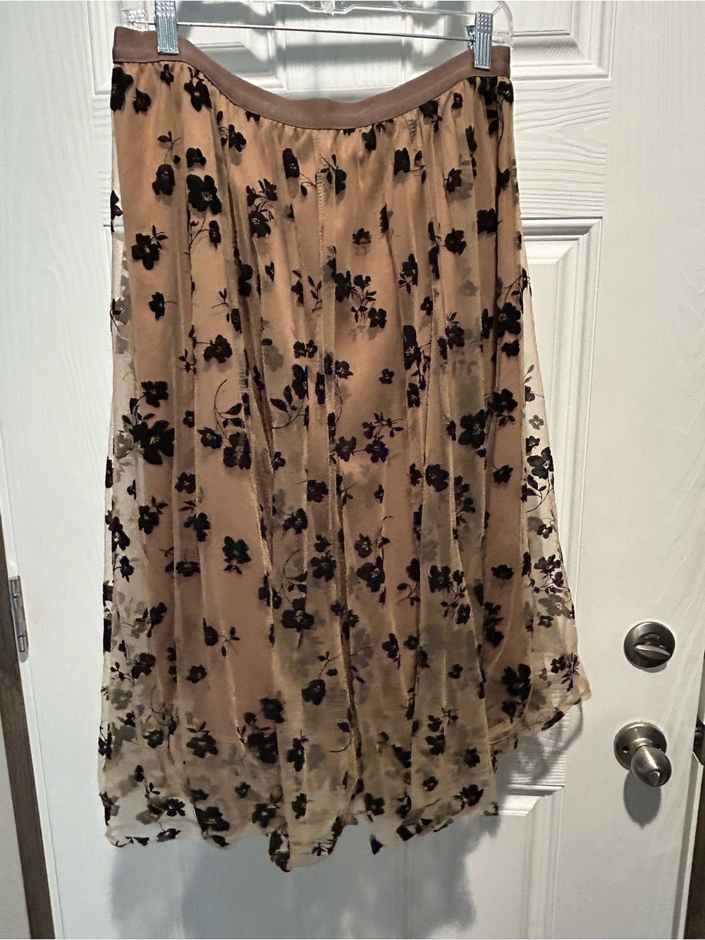 Beige Floral Velvet-Embroidered Midi Skirt